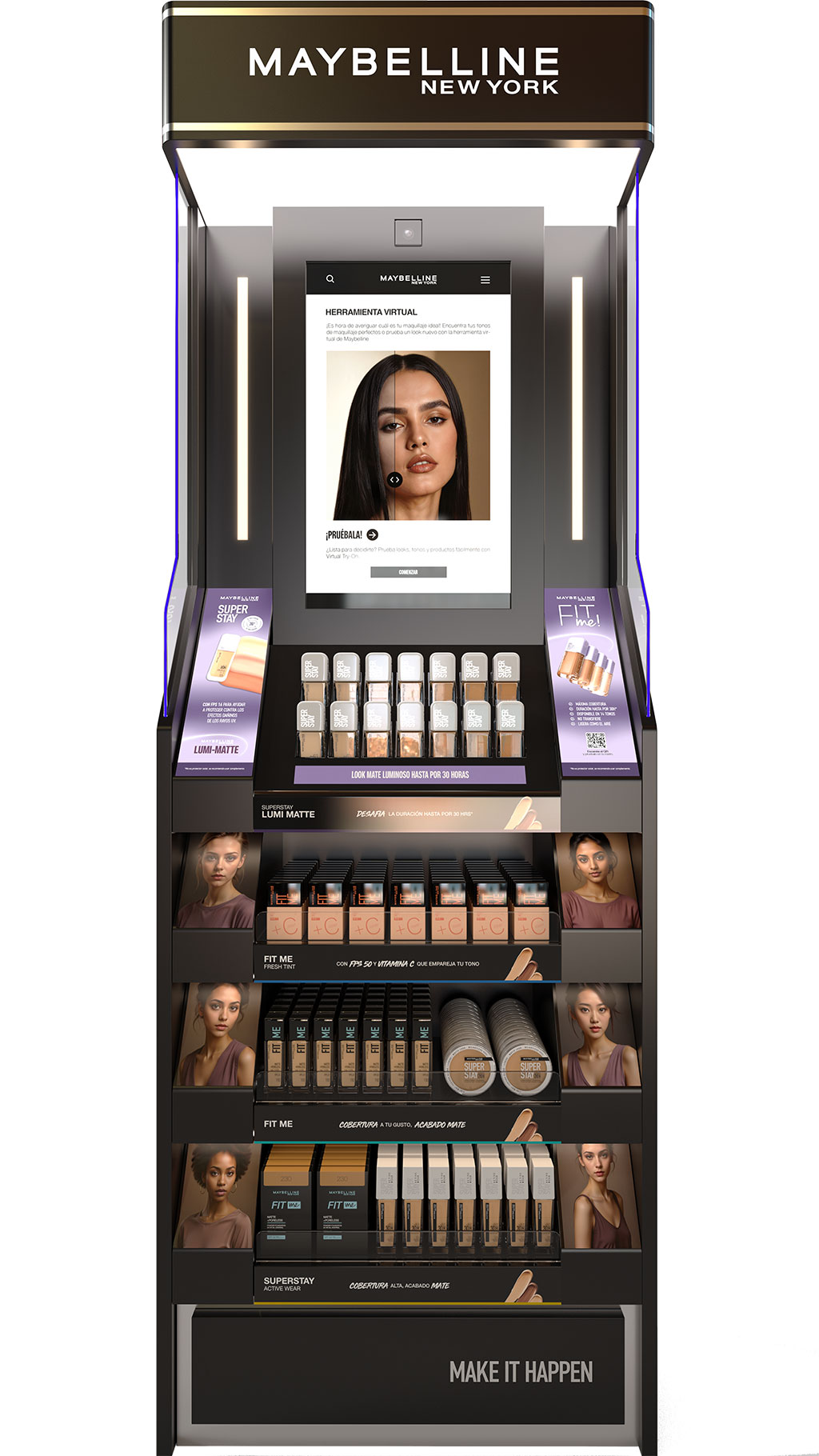 Mobiliario Interactivo para maquillaje con sensores, pantallas y camaras IA